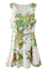 With Belt Deep V-neckline Printed Dress