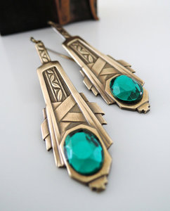 Earrings - Art Deco - Emerald Green Glass Stone- Vintage Brass Earring - Birthstone - Handmade