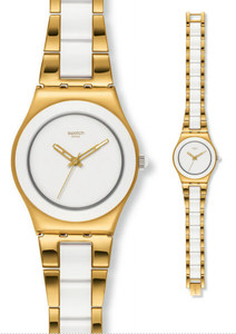 Часы Swatch YLG122G irony medium YELLOW PEARL только черные с золотом и стразинками на циферблате