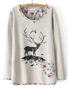 Grey Long Sleeve Lace Deer Floral Print Sweatshirt