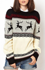 Black Round Neck Deer Pattern Fairisle Sweater