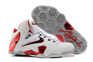 "Home" Mens Nike LeBron James Air Max Elite 11 in Color Red Wolf Grey and White Sports Sneakers