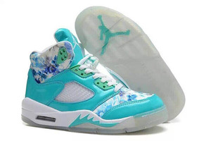 Nike Brand Michael Jordan Retro 5 Womens Sneakers in Colorway Floral Jade White Blue Green