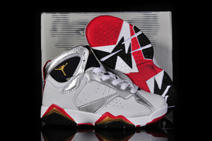 Kids Nike Jordan 7 Olympic "White - Metallic Gold & Obsidian" Retro Sports Sneakers