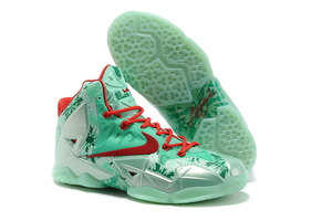 New Nike LeBron Brand Air Zoom 11 "Christmas" Shoes for Big Kids in Color Arctic Green and Light Crimson