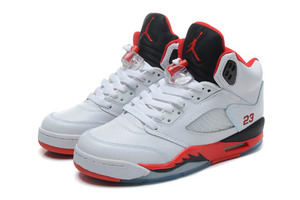 Retro Ladies Jordans - Retro 5 (GS) "Fire Red" - White & Fire Red/Black Oline