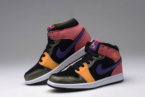 Sports Jordan 1 Retro Womens Mid Nike Sneakers with Purple/Yellow/Pink/Black Colorway