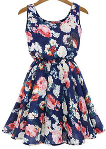 Blue Sleeveless Floral Pleated Chiffon Dress - Sheinside.com