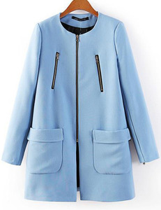 Blue Long Sleeve Zipper Pockets Coat - Sheinside.com