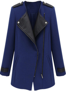 Blue Contrast PU Leather Trims Oblique Zipper Coat - Sheinside.com
