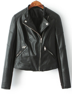 Black Stand Collar Oblique Zipper Crop PU Jacket - Sheinside.com