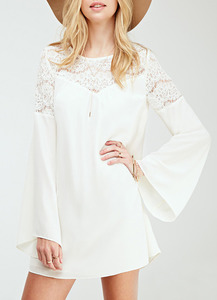 White Long Sleeve With Lace Dress - Sheinside.com