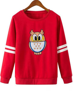 Red Round Neck Owl Embroidered Sweatshirt - Sheinside.com