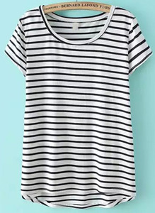 White Short Sleeve Striped Dip Hem T-Shirt - Sheinside.com