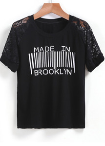 Black Short Sleeve Lace Letters Print T-Shirt - Sheinside.com