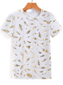 White Short Sleeve Feather Print T-Shirt - Sheinside.com