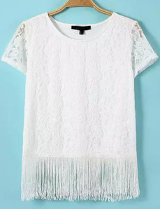 White Short Sleeve Lace Tassel Blouse - Sheinside.com