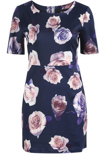 Navy Short Sleeve Rose Print Bodycon Dress - Sheinside.com