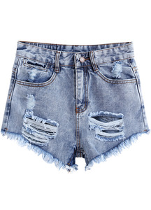 Blue High Waist Ripped Denim Shorts - Sheinside.com