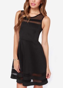 Black With Sheer Mesh Flare Dress - Sheinside.com