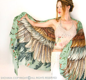 Wings scarf, bohemian bird feathers shawl, vintage green