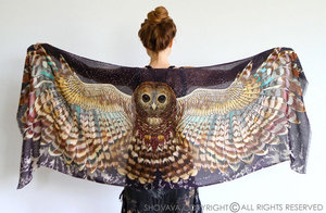 Owl wings scarf, bohemian bird feathers shawl, Night owl