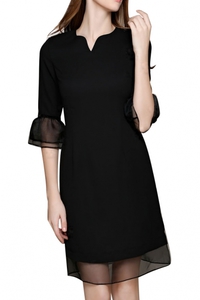 Black 1/2 Flare Sleeve Mesh Hem V-Neck Dress