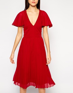 Ruffle Sleeved Pleated Midi Dress