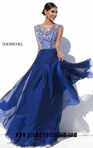 Sherri Hill 32017 Chiffon 2015 Beaded Navy Cap-Sleeves Long Bodice Prom Dresses