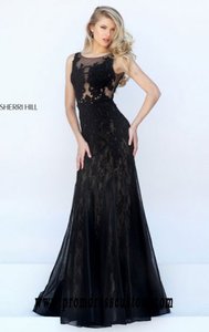 Sherri Hill 50254 Appliques 2016 High-Neck Bodice Black Long Sheer Prom Dresses