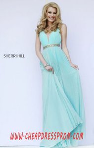 V-Neck Sherri Hill 11222 Beads Aqua Bodice 2015 Long Pleated Prom Dresses