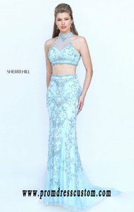 Light Blue Two-Piece Sherri Hill 50349 Beads 2016 Long Sheer Evening Gown