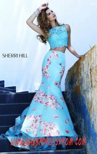 Two-Piece Sherri Hill 32073 Beaded 2015 Light Blue/Print Lace Long Bodice Prom Dresses