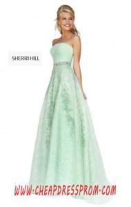 Beading Sherri Hill 11123 Strapless Green Ruched Affordable Long Bodice Prom Dresses