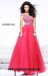 Cap-Sleeves Coral/Silver Cheap Beads Open-Back Sherri Hill 2984 Long Bodice Prom Dresses