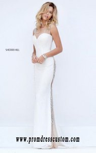 Boat-Neck Ivory 2016 Bodice Long Sheer Evening Dresses V-Back Sherri Hill 11321 Beaded