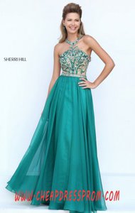 Emerald Halter-Neck Bodice Long Sheer Prom Dresses Sherri Hill 50420 Beaded 2016