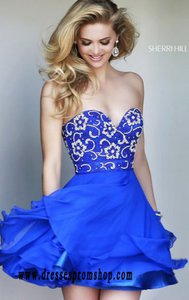 Sweetheart-Neck Royal Beaded 2015 Short Chiffon Prom Dress Sherri Hill 8548