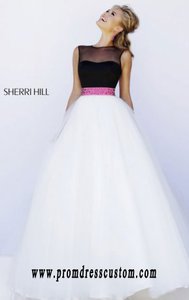 Beads Black/Fuchsia/White 2015 Sherri Hill 32211 Bateau-Neck Long Sheer Prom Dresses