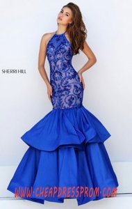 Royal Halter-Neck Beaded Pattern 2016 Sherri Hill 50266 Tiered Long Bodice Prom Dresses