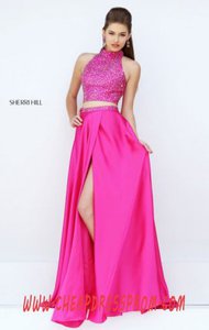 Two-Piece 2016 Sherri Hill 11330 Beading Fuchsia Keyhole Long Slit Prom Dresses