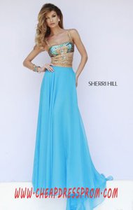 Beading Cutout Blue Square-Neck Sherri Hill 32134 Long Bodice Prom Dresses 2015