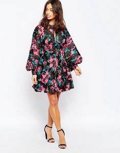 Blouson Sleeve Mini Dress in Floral Jacquard