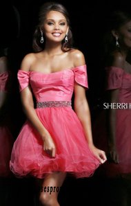 Sherri Hill 21192 Jeweled Short-Sleeve Coral Tulle 2015 Short Layered Prom Dresses