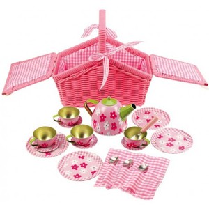 růžový kytičkový čajový set v košíku