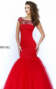 Beaded Sherri Hill 50014 Boat Neckline Red 2016 Bandage Pleated Long Chiffon Prom Dresses