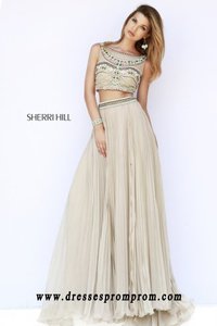 Designer Crystal Beaded Nude Sherri Hill 11249 Two Piece Pleated Evening Gown