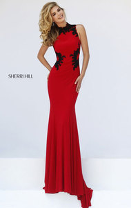 2016 High Neckline Sherri Hill 50103 Red/Black Lace Appliques Long Sheer Prom Dresses