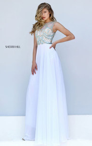 Ivory/Turquoise Beaded Cutout 2016 Long Chiffon Evening Gown Sherri Hill 50160 Sweetheart Tulle Neckline