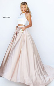Halter Neckline Two Piece Ivory/Nude Floral Pockets Sherri Hill 50219 Long Satin Prom Dresses 2016